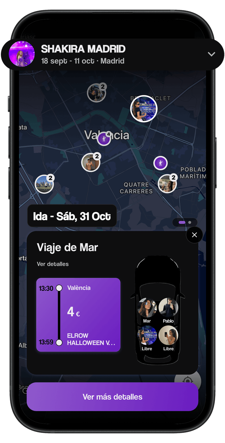 App VIB3S: detalle de un viaje compartido con hora, precio y plazas